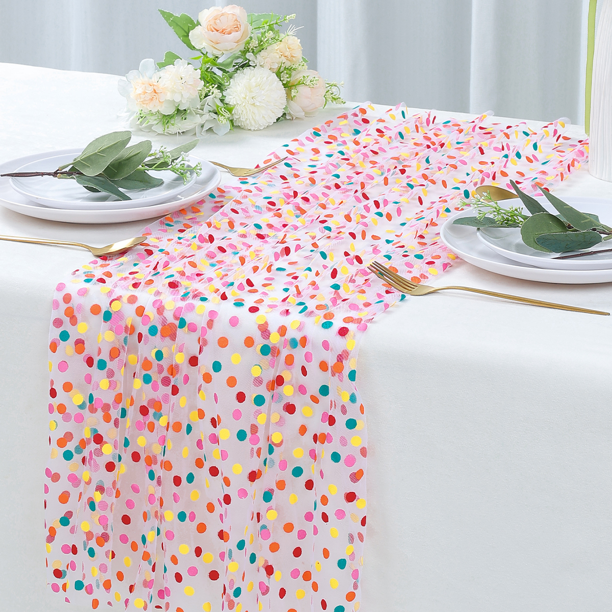 Christmas Table Runner - Colorful Dot Gauze Table Runner Happy